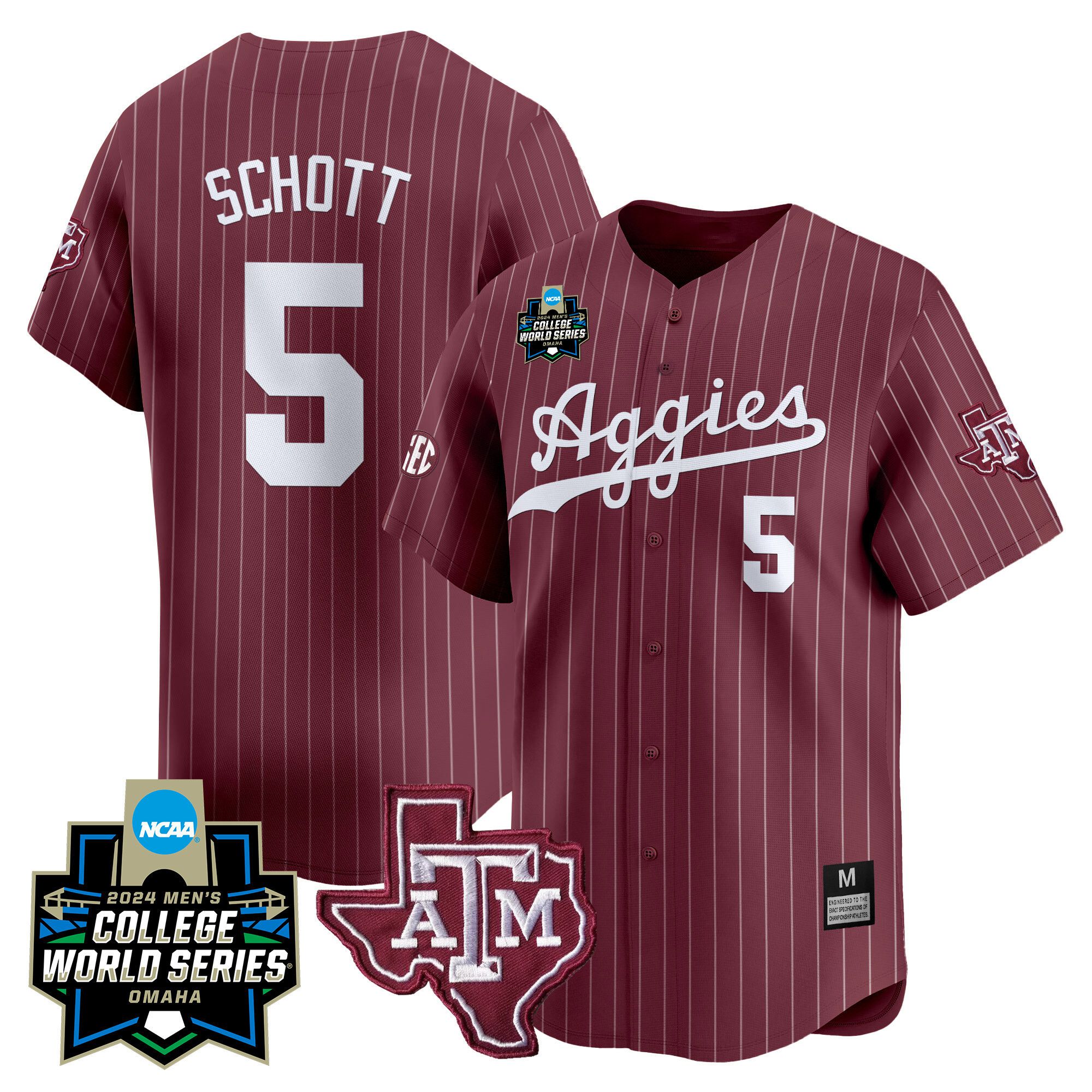 Men Texas A&M Aggies #5 Schott Red Stripe 2024 College World Series Vapor Premier Limited NCAA Jersey